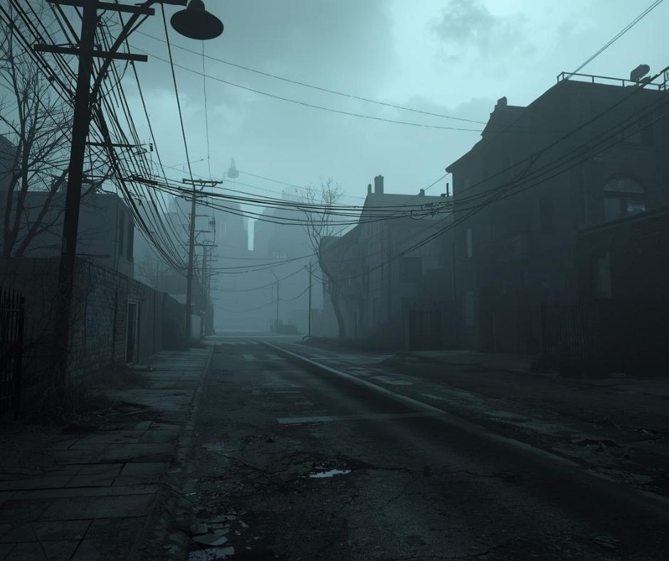 Paesaggio urbano dalle atmosfere oscure